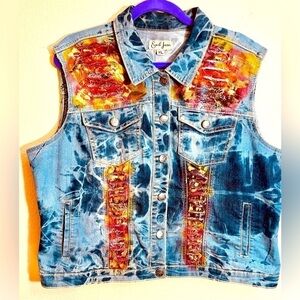 🎨 AIRBRUSHED GLITTER DECORATED ART Earl Jean Vest XL Boho Possibly Upcycled 90s